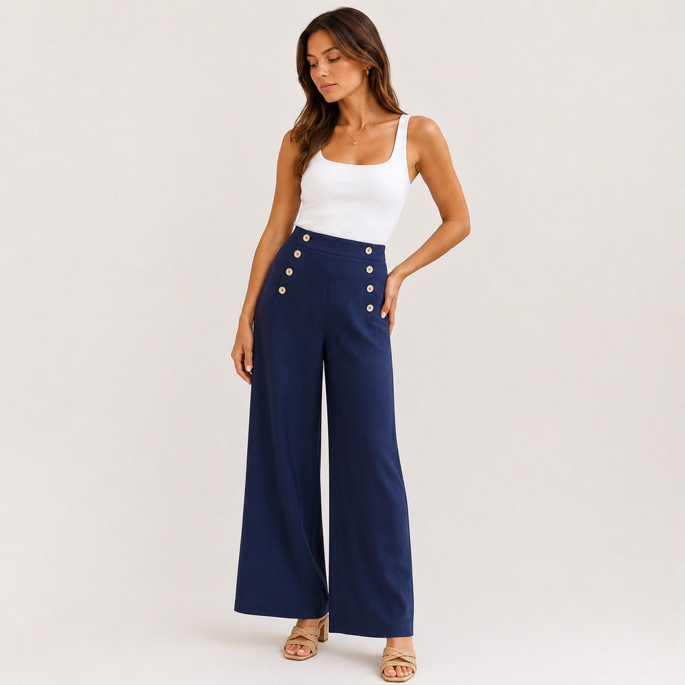 Women with Control Navy Wide Leg Sailor Button Pants High Waist Tummy Control MP
